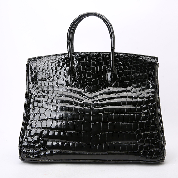 hermes(爱马仕) 经典款birkin35系列女士黑色两点鳄鱼银扣手提包