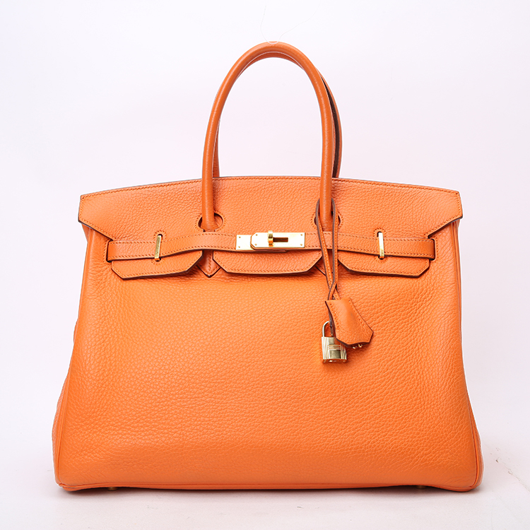 hermes(爱马仕) 经典款女士橘色皮质手提包 birkin35