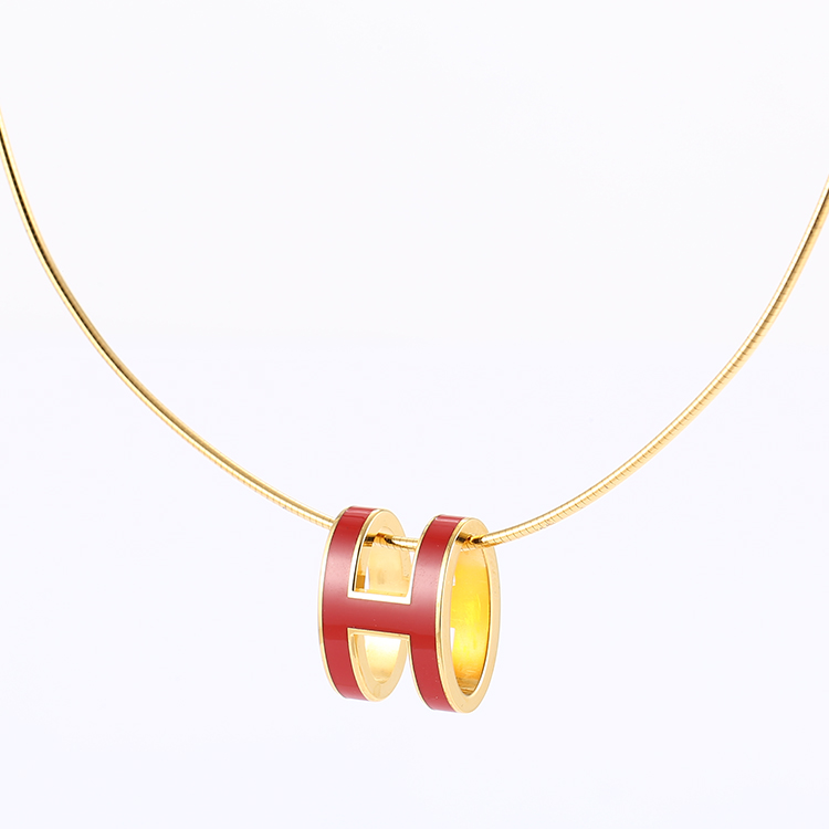 项链】hermes(爱马仕) #红色珐琅椭圆形h扣金色项链【正品 价格 图片
