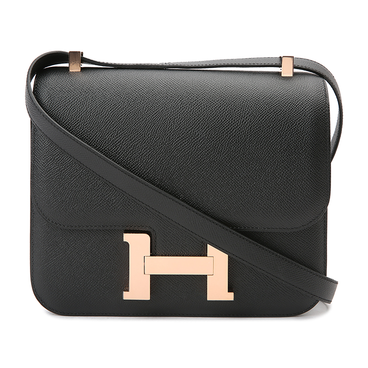 hermes(爱马仕) 黑色皮质玫瑰金扣斜挎包 constance24