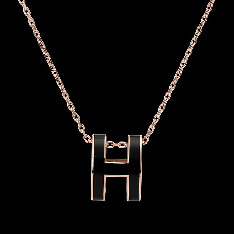 hermes(爱马仕) #黑色珐琅椭圆玫瑰金色h扣项链