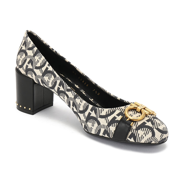 salvatore ferragamo/菲拉格慕 黑色 女士gancini铆钉装饰布艺高跟鞋