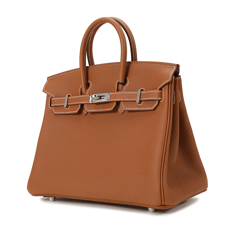 hermes(爱马仕#经典款birkin25系列女士金色皮质银扣手提包