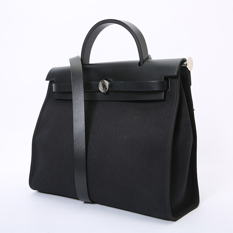 hermes(爱马仕) 经典款herbag31系列中性黑色帆布配皮两用包