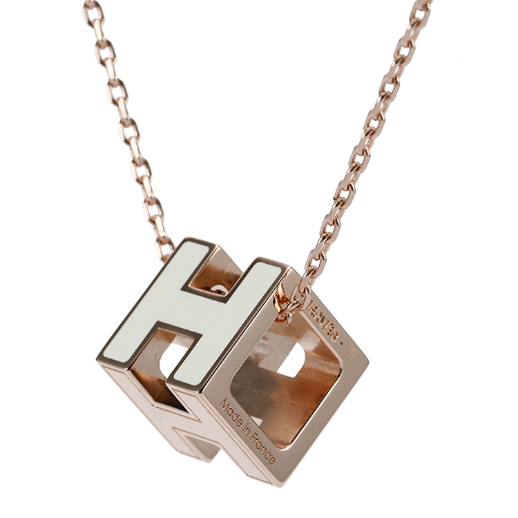 hermes(爱马仕#经典h扣米白色珐琅方形项链