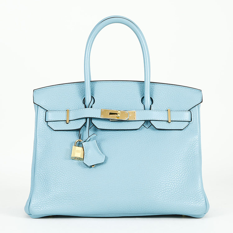 hermes(爱马仕) #经典款birkin30系列女士浅蓝色皮质金色扣手提包