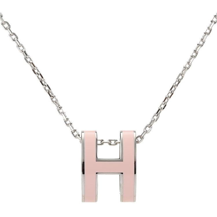 hermes(爱马仕) 经典pop h系列女士粉色珐琅椭圆h扣银色项链