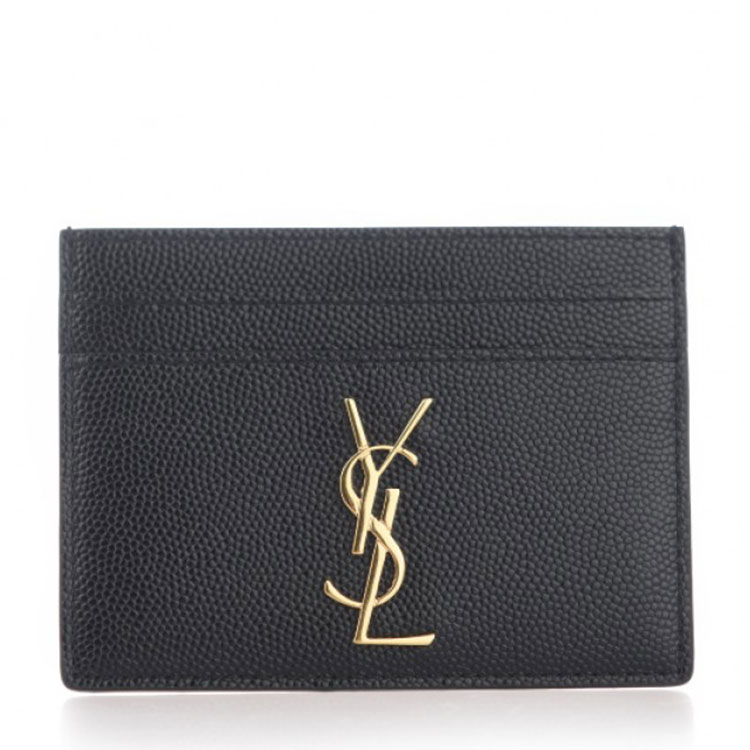 yves saint laurent/圣罗兰 荔枝纹金色ysl金属logo女士黑色牛皮卡包