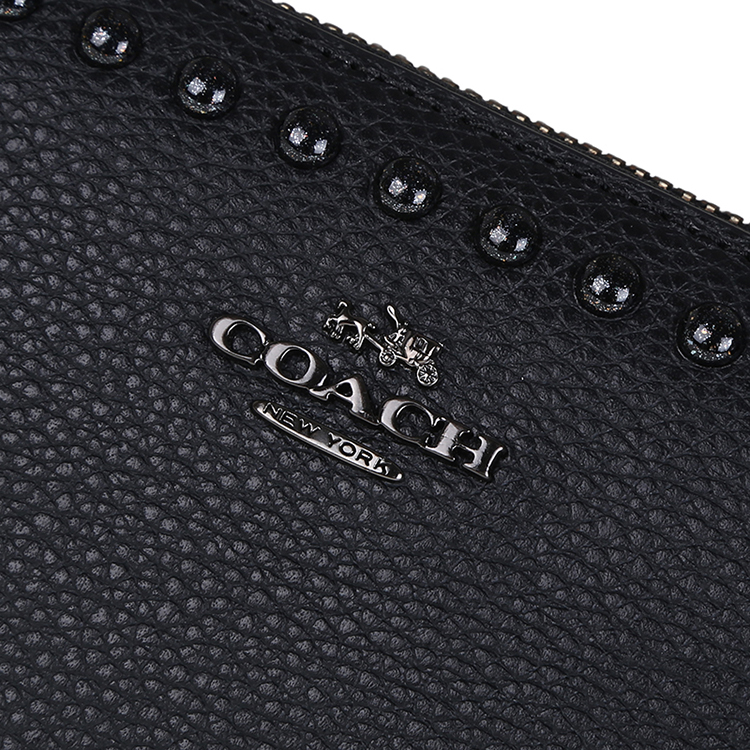 coach/蔻驰 女士长款纯色铆钉手风琴牛皮拉链钱夹 马车标 53489 黑色