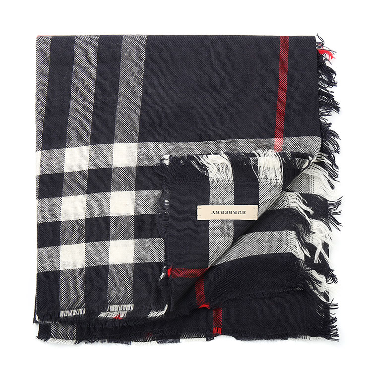 burberry(博柏利) 海军蓝格子羊毛/羊绒围巾200×45cm