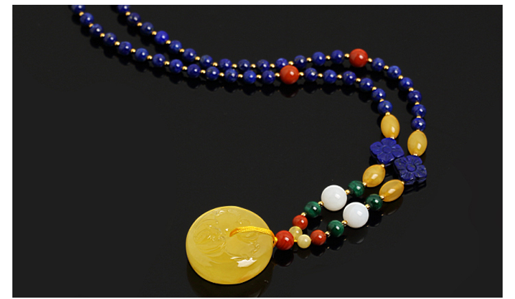 MMT\/曼丽翠蜜蜡平安扣项链 配青金石配珠吊坠