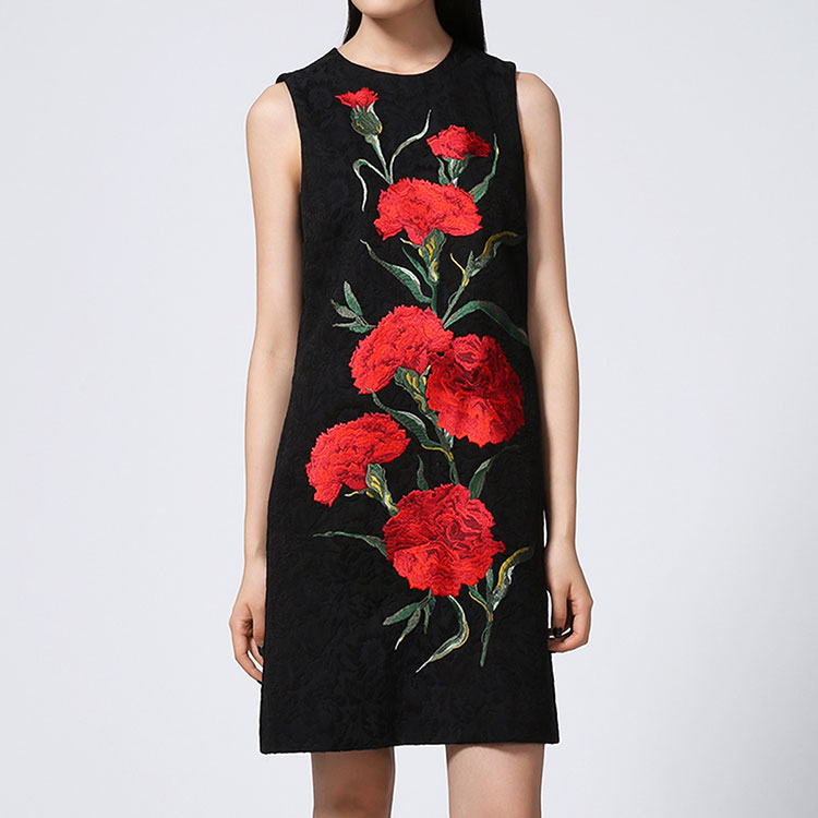dolce&gabbana/杜嘉班纳连衣裙-女黑色刺绣棉 桑蚕丝时尚连衣裙