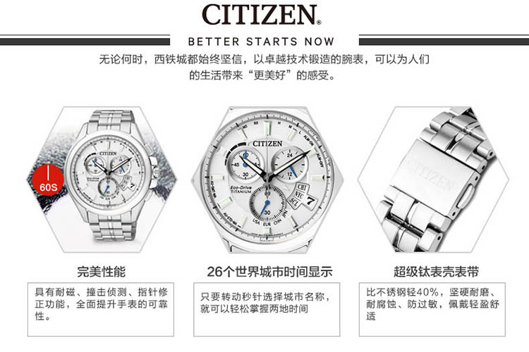 citizen/西铁城 空中之鹰光动能电波万年历世界时间男士手表by0051-55