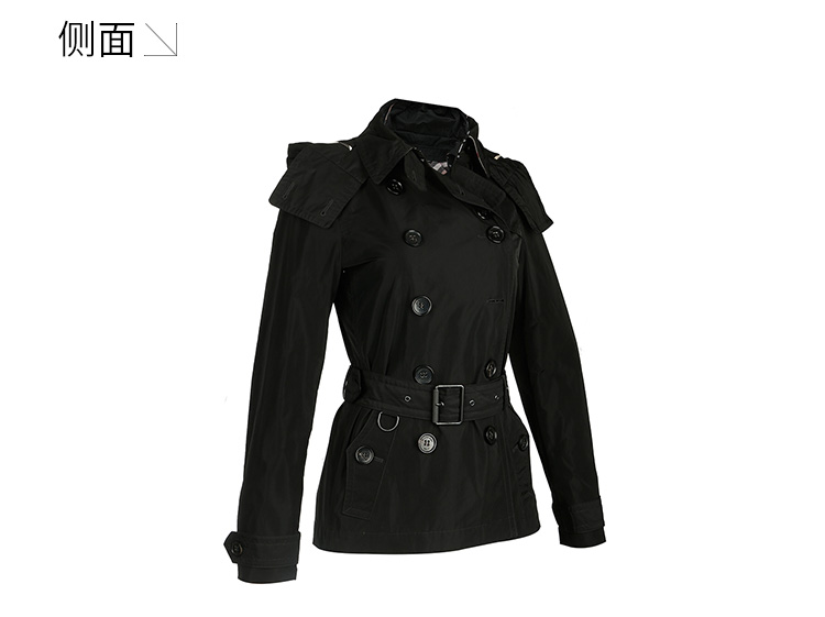 burberry/博柏利女士外套双排扣可拆式连帽塔夫绸 trench 风衣束腰
