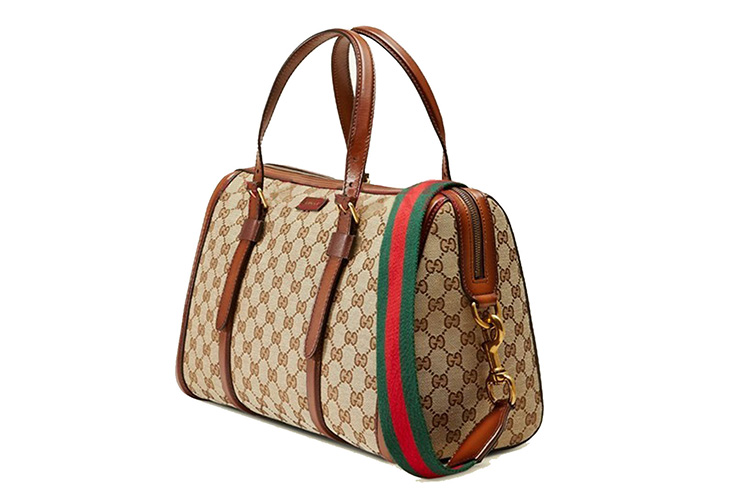 gucci/古驰棕色logo帆布/配皮女士波士顿经典款手提包381044 kh1va