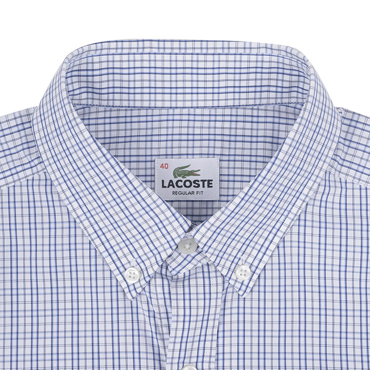 lacoste/鳄鱼 男士蓝色拼接格子尖领纯棉长袖衬衫