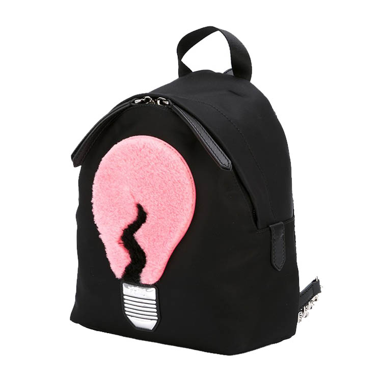 fendi/芬迪 尼龙新款shearling灯泡贴花装饰黑色女士迷你双肩包