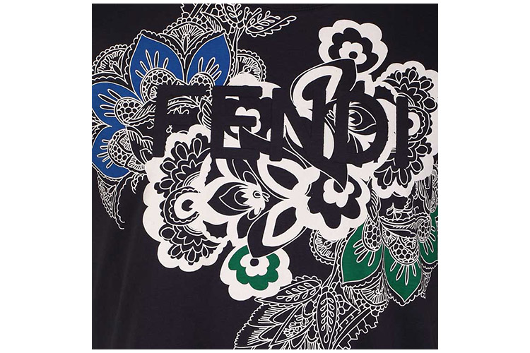 fendi/芬迪 夏季纯黑色棉纯棉圆领短袖花朵图案时尚休闲男士t恤fxx10