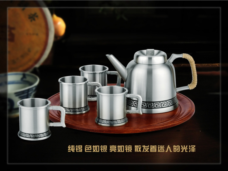THAISEBERG/泰芝宝纯锡茶具套装金属茶壶茶杯礼盒装泰国锡器茶具TS016-4回纹茶具套装4人用