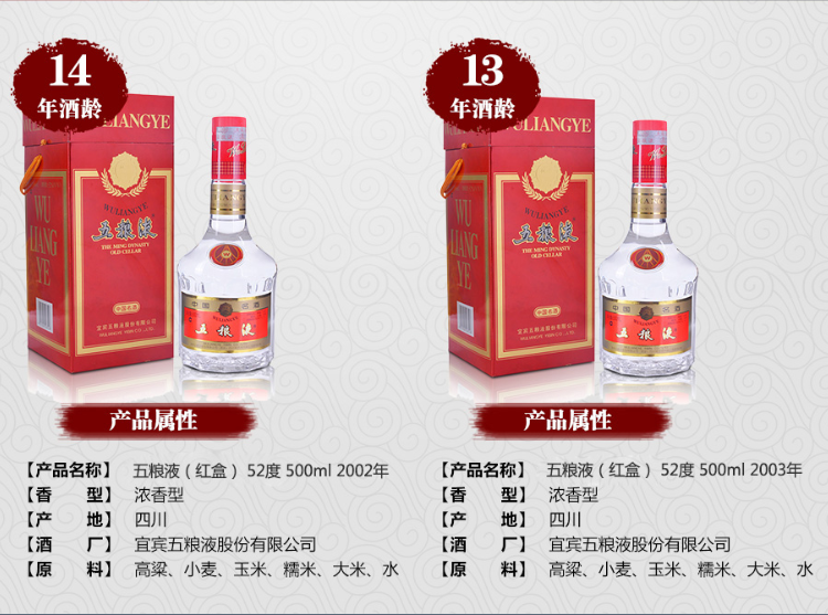 五粮液(红盒)90年代后期-2000年初 500ml*4瓶 39度2瓶 52度2瓶