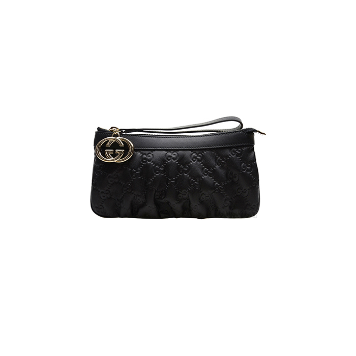 gucci/古驰*新款黑色双g轧花女士牛皮手拿包212203