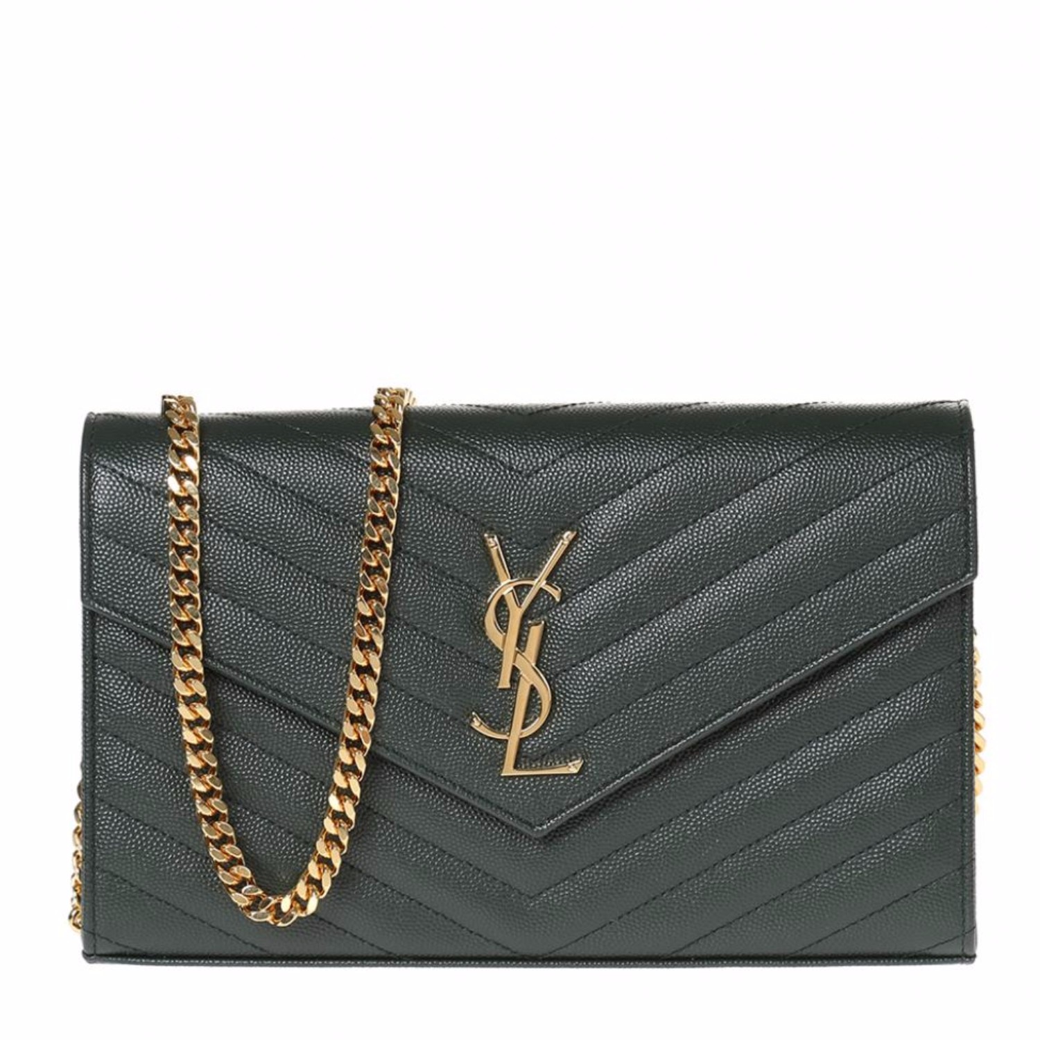 【包邮包税】yves saint laurent/圣罗兰 墨绿色小牛皮女士链条钱包式