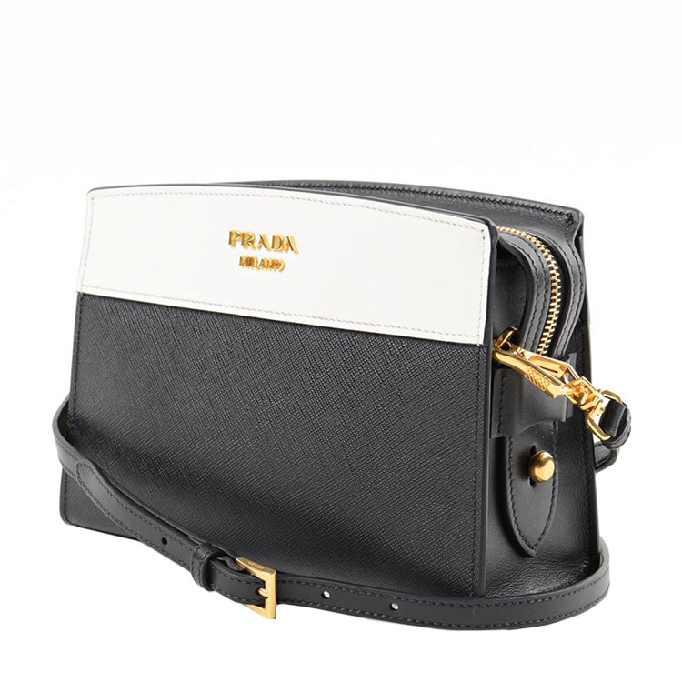 prada/普拉达 esplanade金属字母品牌徽标黑白拼色十字纹小牛皮女士单