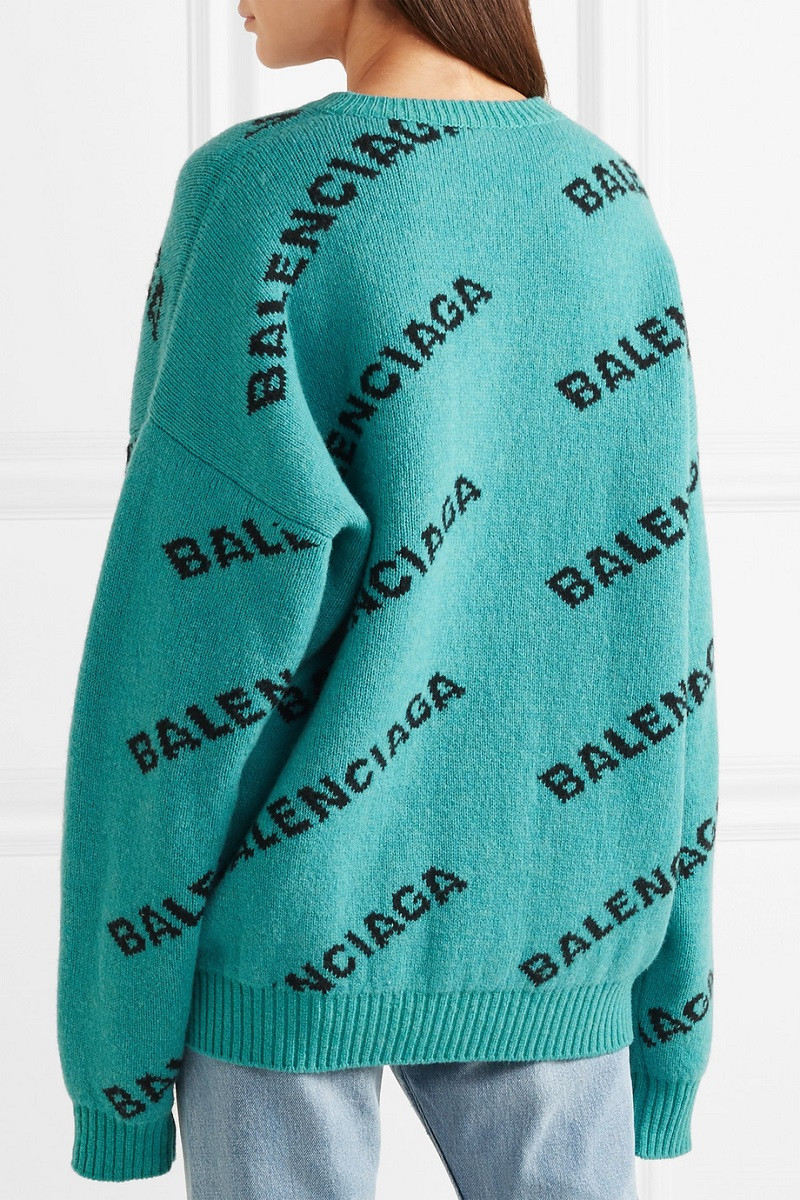 balenciaga/巴黎世家 嵌花羊毛混纺蓝色大廓形毛衣 1075080