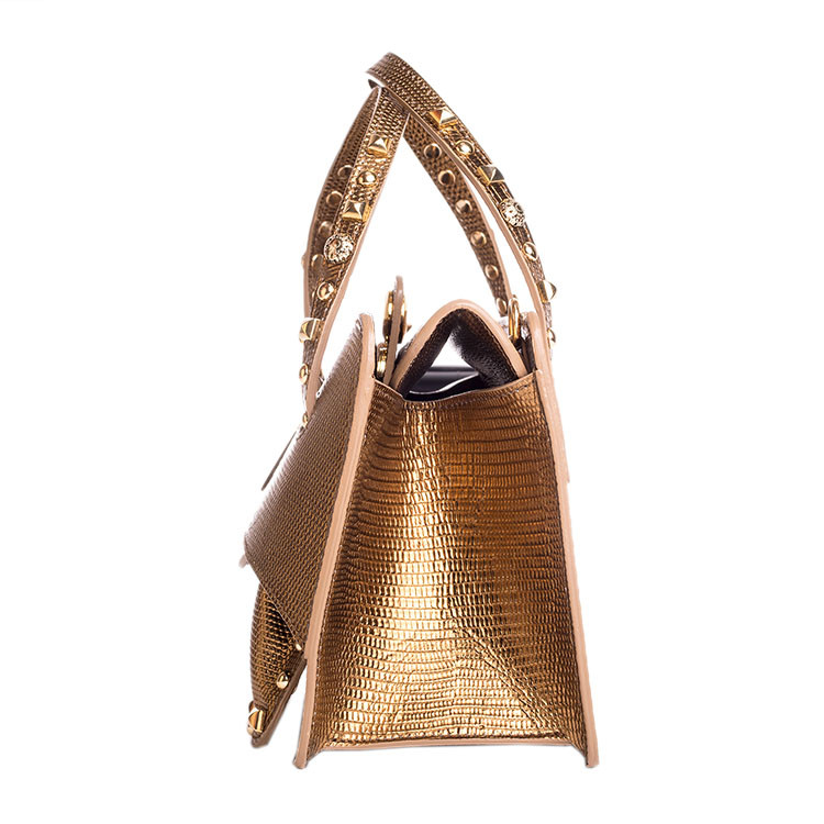 hidesins意大利品牌 基本款裂纹版 暗金色铆钉手提包 h10085_gold