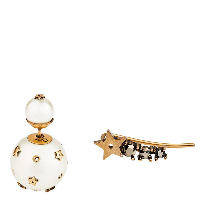 dior tribales 镀钯复古金属珍珠星星不对称耳环 e0833trirs_d908