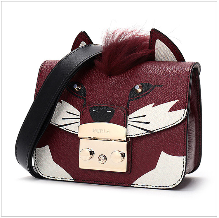 furla/芙拉 女士红色拼色牛皮小狐狸动物图案装饰单肩包斜挎包小方包