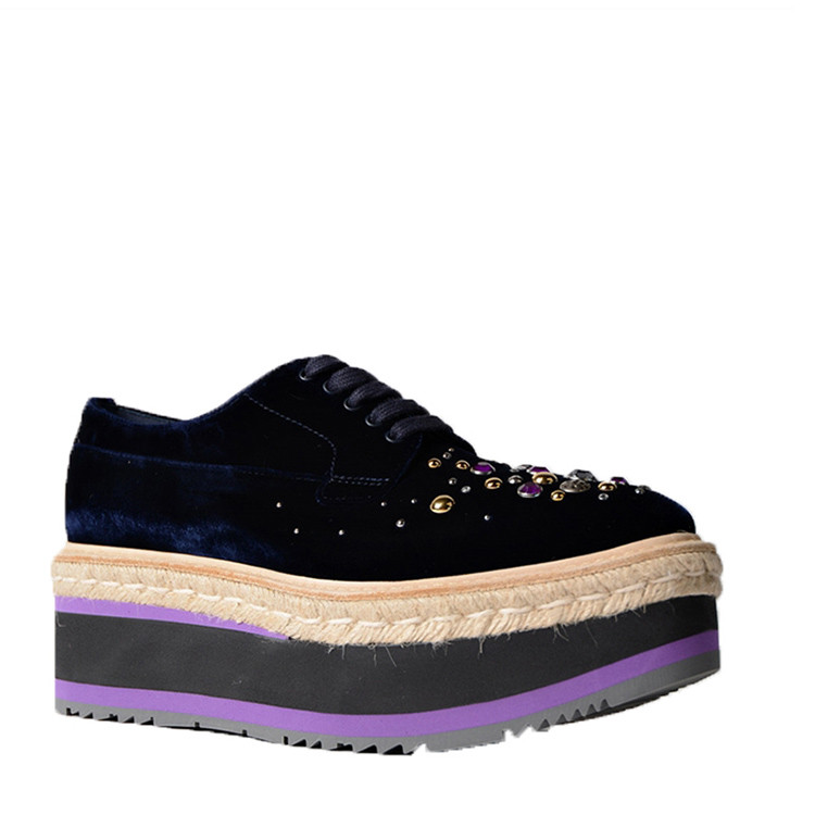 prada/普拉达 丝绒面 钉珠彩珠 撞色厚底 蓝色女士松糕鞋 1e895h06