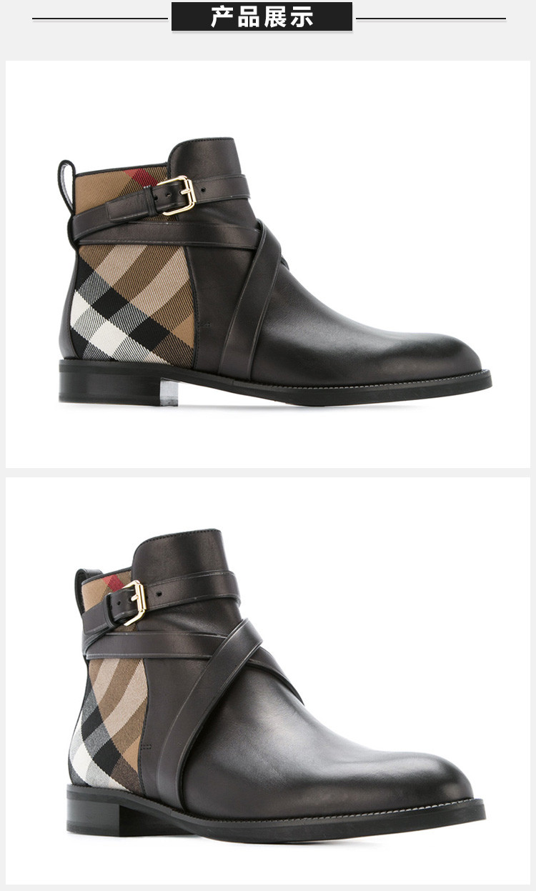 【包税】burberry 巴宝莉 女士黑色格纹牛皮及裸靴短靴 黑色格纹 欧码