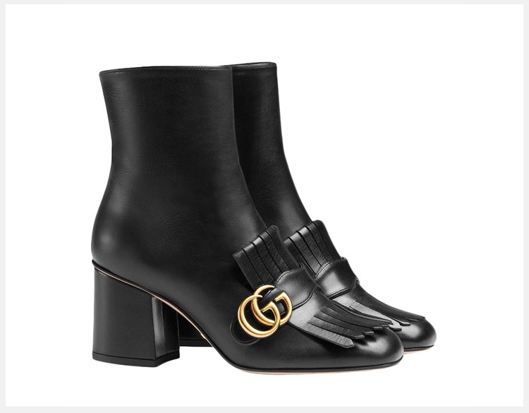 gucci/古驰 女士黑色牛皮gg时尚粗跟踝靴高跟鞋粗跟鞋女鞋
