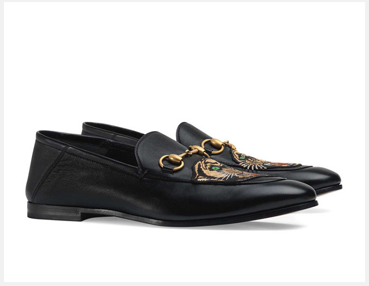 gucci/古驰 男士黑色豹纹可折跟皮鞋马衔扣乐福鞋平底鞋男鞋