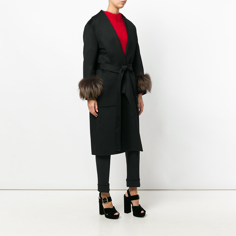 prada/普拉达 棕色狐狸毛袖羊绒黑色大衣 p617gp x9p f0b2a