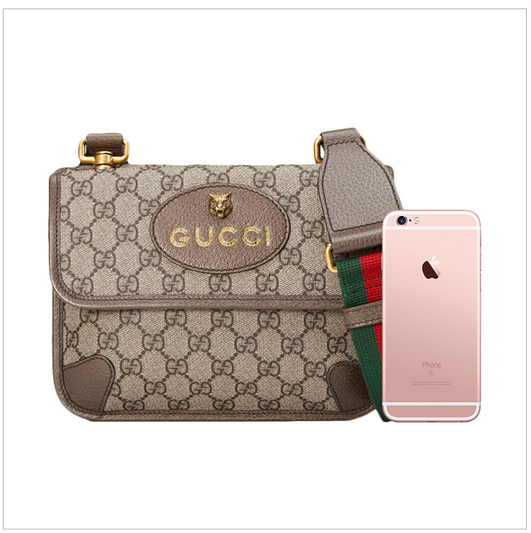 古驰 19秋冬 女士米色帆布logo印花条纹编织带小号单肩斜挎邮差包