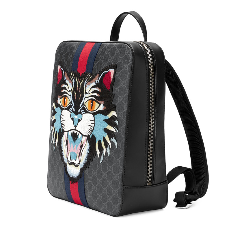 gucci/古驰 18新款gg supreme男士黑色帆布贴花气场猫条纹织带双肩包