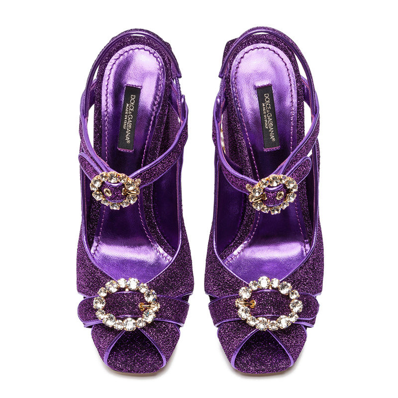 dolce&gabbana/杜嘉班纳新款女士紫色金属光泽织物水晶扣高跟凉鞋
