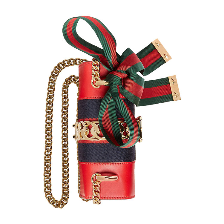 gucci/古驰 sylvie系列女士真皮条纹织带丝带细节红色迷你单肩包