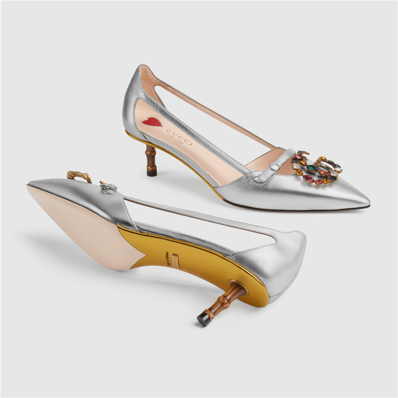 【包税】gucci/古驰【18春夏】新款女士银色皮革水晶双g中跟凉鞋