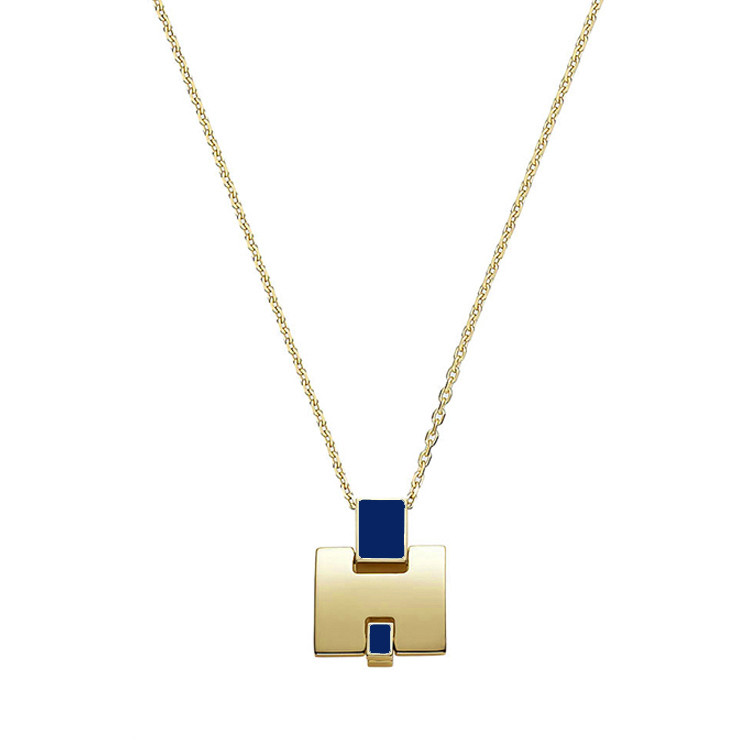 hermes/爱马仕 女士蓝色时尚字母h形状吊坠项链