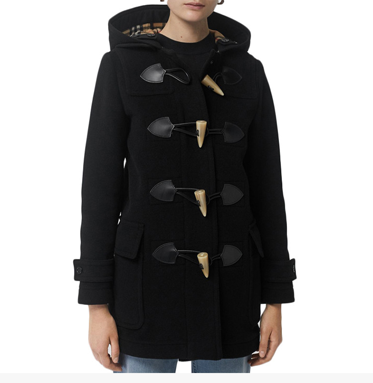 burberry/博柏利 女士羊毛混纺牛角扣连帽毛呢大衣