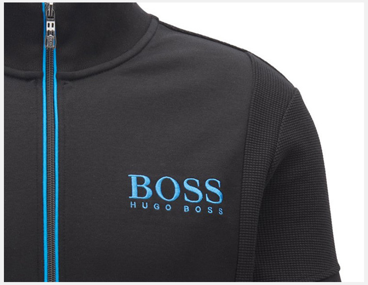 hugo boss/雨果波士 男士棉混纺logo胸标线条纹理拉链长袖运动衫短款