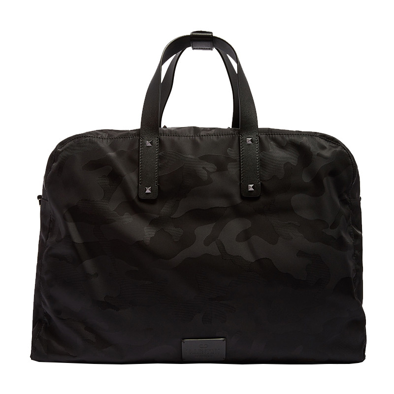 valentino/华伦天奴男包 铆钉装饰男士黑色迷彩织物配皮拉链手提包 qy