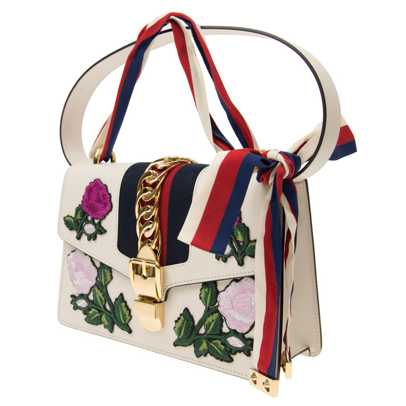 gucci/古驰 19春夏女士包袋新款 sylvie系列街拍必备小号刺绣花朵白色