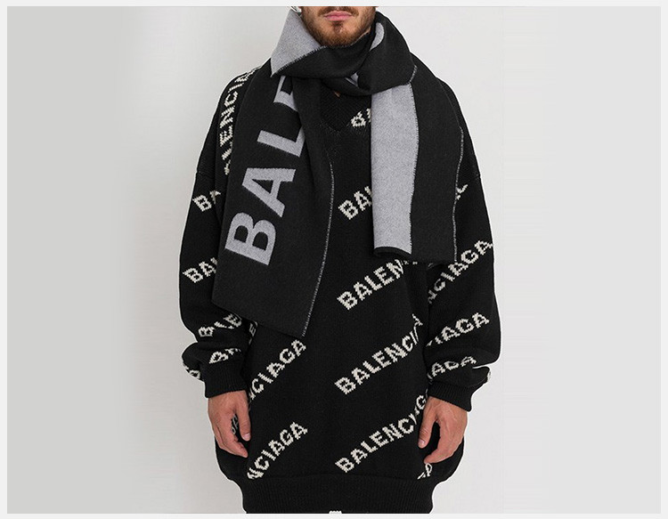 balenciaga巴黎世家男女同款中性黑色羊毛时尚字母logo印花羊绒围巾