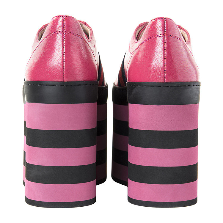 gucci/古驰 粉色牛皮标志性条纹细节玫女士厚底松糕鞋#452312 d3vn0