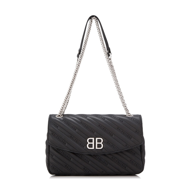 balenciaga/巴黎世家 bb round m女士黑色绗缝小牛皮链条拼接单肩包