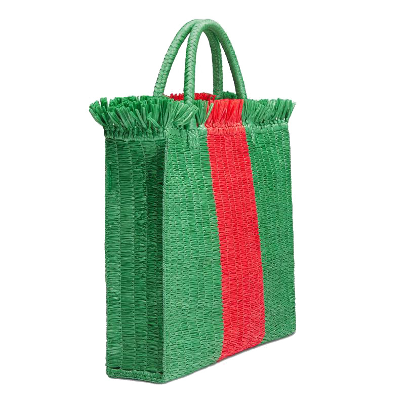 【包税】gucci/古驰【18春夏】新款女士大号绿红条纹织带草编购物袋